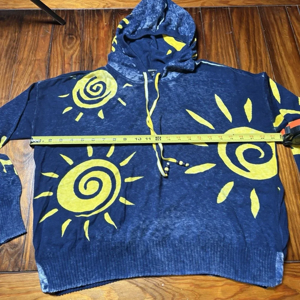 Minnie Rose Celestial Sun Blue Yellow Burnout Hoodie Cashmere Blend M Baja Boho